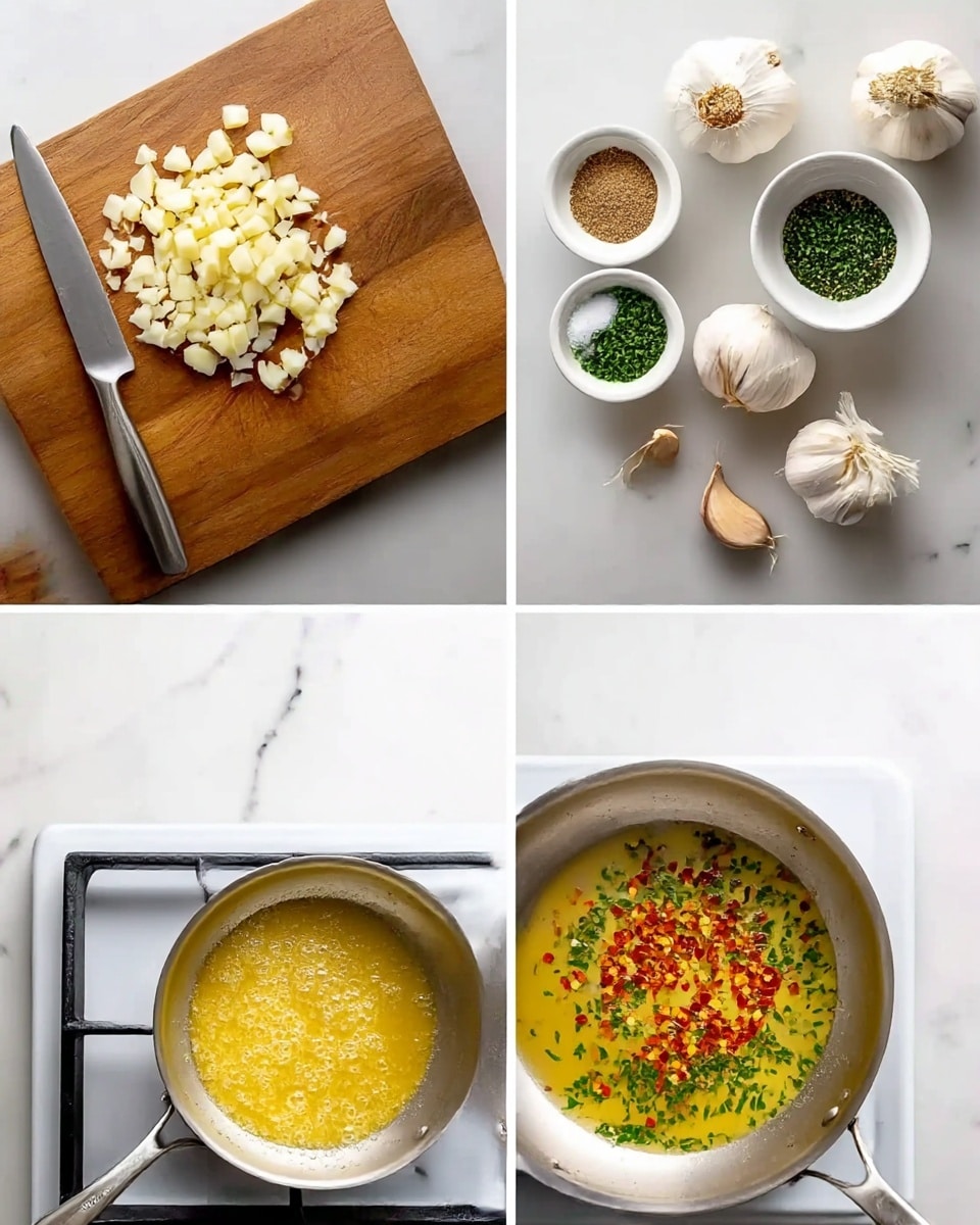 The image shows four steps of making a flavored butter sauce on a white marbled surface. In the top left, a wooden cutting board holds chopped garlic pieces next to a knife with a silver blade and black handle. The top right has small white bowls with ground pepper, white salt, and chopped green herbs, along with whole garlic bulbs and cloves placed nearby. The bottom left shows a silver pan on a white stove burner with melted yellow butter bubbling in it. The bottom right image shows the same pan with melted butter, now mixed with red chili flakes and green herbs floating on the surface. Photo taken with an iphone --ar 4:5 --v 7