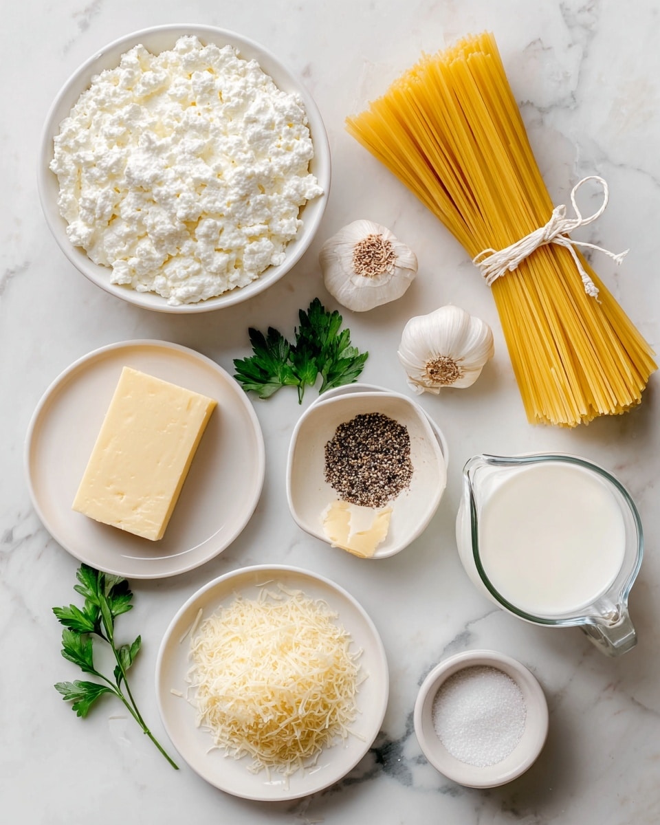 The image shows a flat lay of cooking ingredients on a white marbled surface, organized neatly. At the top left is a large white bowl filled with white cottage cheese with a creamy texture. To the right is a bundle of long, yellow pasta tied with white string. Below the pasta, there are three garlic cloves with papery skin, placed close to some green parsley leaves. Near the center is a small white bowl with coarsely ground black pepper arranged in a circle. At the bottom left, a white plate holds a chunk of hard, pale yellow parmesan cheese, resting beside some grated parmesan. Next to it is a bowl with fine grated parmesan in light yellow. On the right side, a small white plate contains a square piece of pale yellow butter. Below the butter is a small clear glass jug filled with white milk. At the bottom right, a small white bowl has light grains of salt. The scene looks clean and fresh. Photo taken with an iphone --ar 4:5 --v 7