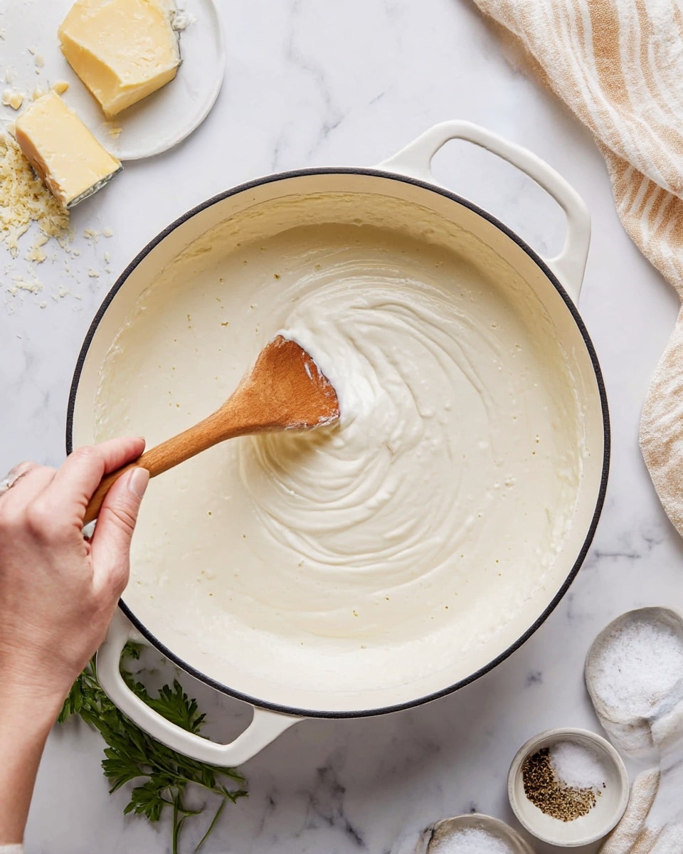 A woman's hand stirring a thick, creamy white sauce in a large white pot with black rim, using a wooden spoon that shows the smooth texture of the sauce on its surface. The sauce looks rich and glossy, swirling gently as it is mixed. The pot is on a white marbled surface with a soft beige and white striped cloth partially visible at the upper right. Around the pot, there are small white dishes containing salt and cracked black pepper, with a white plate holding a chunk of cheese and some grated cheese at the top left corner. Some green parsley sprigs peek out beneath the pot's handles, adding a touch of color. Photo taken with an iphone --ar 4:5 --v 7