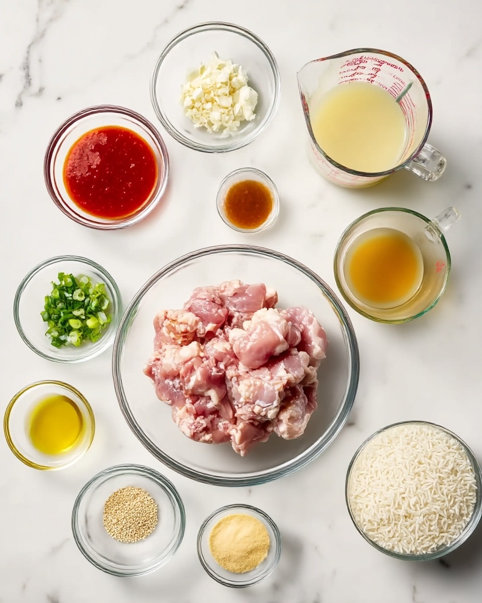 A clear glass bowl in the center holds pink raw chicken pieces with some fat visible, placed on a white marbled surface. Around it are smaller clear glass bowls and containers arranged in a circle. At the top left, a bowl contains bright red sauce, next to it a small bowl with minced white garlic. To the top right, a glass measuring cup is filled with light yellow stock or broth, and beside it, a small bowl holds a reddish-brown sauce. On the left side, a small bowl contains chopped green onions. Below that, a tiny bowl holds pale yellow oil, and next to it, a small bowl shows white sesame seeds. At the bottom center, a small bowl with light yellow powder is beside a larger bowl filled with smooth yellowish mayonnaise. At the right side, a medium bowl contains uncooked white rice. The bowls evenly circle the central bowl of chicken on the white marbled surface photo taken with an iphone --ar 4:5 --v 7