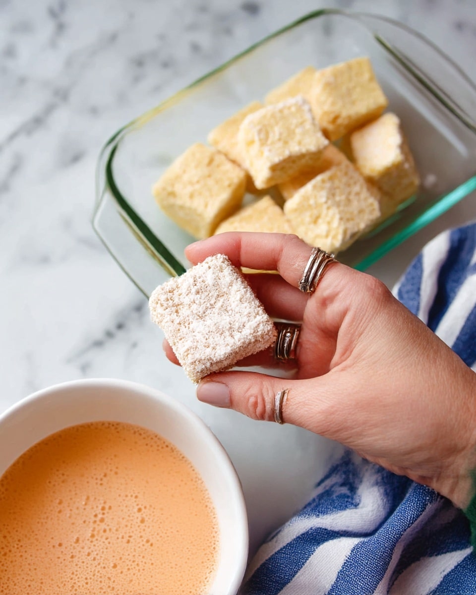 A woman's hand with a silver ring is holding a square piece of food coated in a rough, white flour-like layer. Below the hand, there is a white bowl filled with a foamy, light orange liquid. In the background, a clear glass dish holds multiple similar square pieces that are pale yellow and soft in texture. All items rest on a white marbled surface with a blue and white striped cloth nearby. photo taken with an iphone --ar 4:5 --v 7