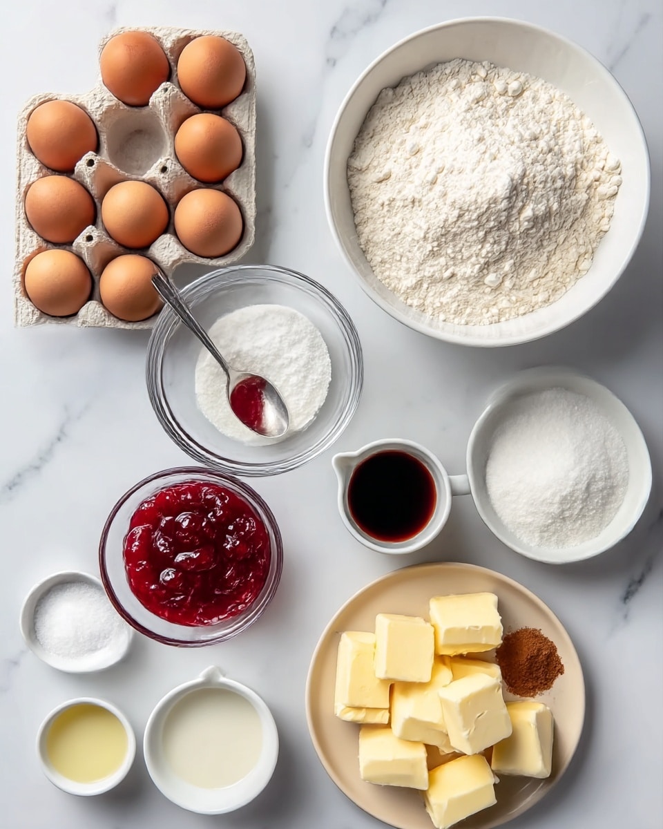 The image shows ingredients arranged neatly on a white marbled surface. In the top left, there is a carton with eight brown eggs. To the right, a large white bowl is filled with white flour, while below it is a smaller white bowl holding white powdered sugar. Centered below the flour, a transparent bowl contains red cherry jam with a spoon inside. To the right of the jam, a small white cup holds milk. Below the milk, a white cup filled with dark vanilla extract is next to a small white bowl with brown ground cinnamon on the bottom right. Further left, a beige plate holds several cubes of pale yellow butter. Below the butter is a tiny white bowl of white granulated sugar, and to its left, a small white bowl with a pale yellow liquid, likely lemon juice. The colors are soft and natural, and everything is clean and organized, with a simple and bright look. Photo taken with an iphone --ar 4:5 --v 7