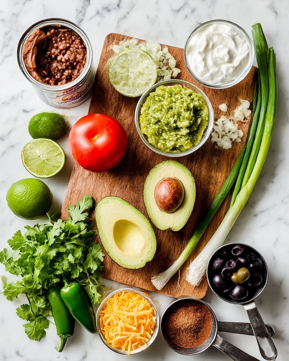 The image shows a wooden cutting board on a white marbled surface with fresh ingredients scattered around. There are two avocado halves with one having the seed in the center, green onions lying next to the avocados, a bowl of green chunky salsa near the top center, and a small bowl of white sour cream above the green onions. To the left, there is an open can of refried beans, a whole red tomato near two lime halves and a whole lime, three green jalapeño peppers below the tomato, a bunch of fresh cilantro at the bottom left, a small bowl of shredded cheddar cheese, a small metal cup filled with sliced black olives, and a metal cup containing a brown powdered spice near the bottom right with metal measuring spoons partially on the board. Photo taken with an iphone --ar 4:5 --v 7