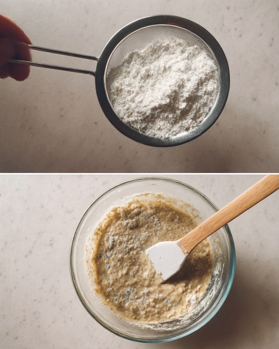 The first image shows a silver metal sieve filled with white flour being held above a white marbled surface. The second image shows a clear glass bowl on the same white marbled surface, containing a light brown mixed batter. On top of the batter, there are white flour and small blueberries scattered. A wooden spoon with a white spatula end rests inside the bowl, partially covered with batter. The scene is lit with soft natural light, highlighting the textures of flour, batter, and berries. photo taken with an iphone --ar 4:5 --v 7