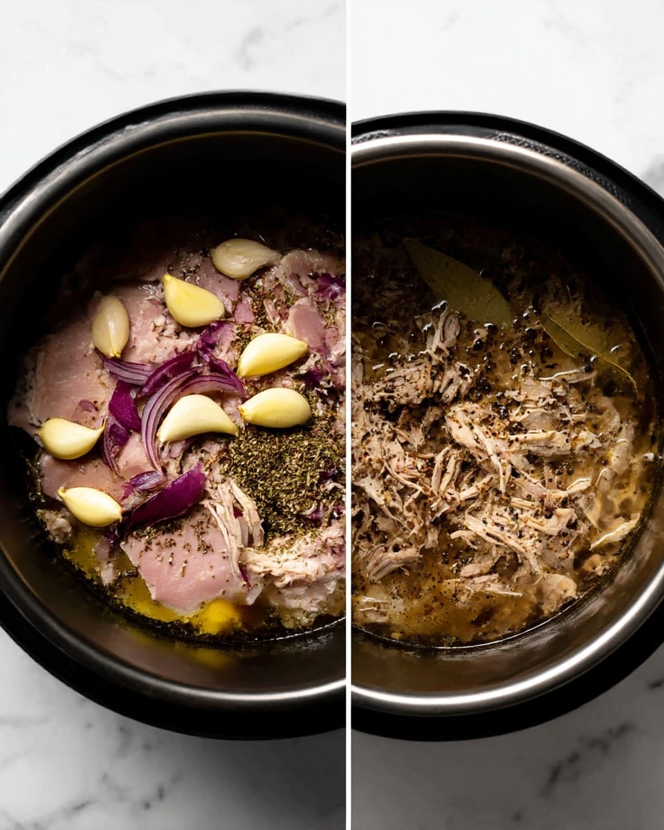 The image shows two side-by-side views inside a black cooking pot on a white marbled surface. The left side displays raw pieces of pale pink meat layered at the bottom, topped with several whole light yellow garlic cloves and thin purple-red onion slices scattered over the meat. Green dried herbs are sprinkled throughout, and a small amount of oil pools at the bottom. The right side shows the same pot after cooking, with the meat now shredded into tender, pale brown pieces mixed evenly with the liquids, bits of herbs, and small black pepper specks floating in the broth. photo taken with an iphone --ar 4:5 --v 7