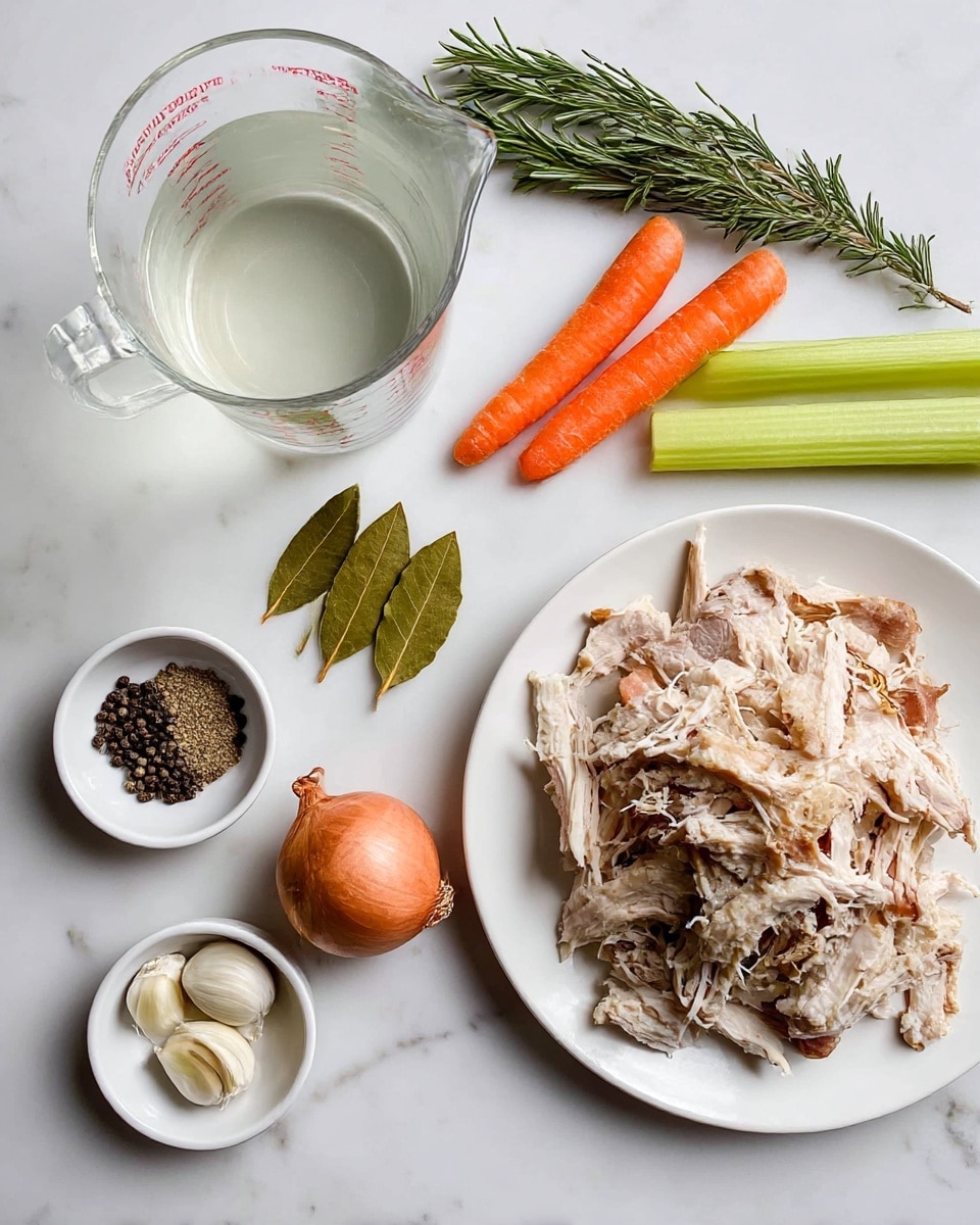The image shows a white plate on the bottom right side with shredded cooked chicken pieces, light brown with some crispy skin. To the left of the plate, there are three small white bowls: the top one filled with black peppercorns, the middle one with two bay leaves, and the bottom one with three garlic cloves. Near the bowls, there is a whole shallot, brownish purple in color. Above those ingredients, there are two peeled carrots placed side by side, bright orange and smooth. To the right of the carrots, two celery stalks lie horizontally, light green and fresh-looking. At the top of the image, a green sprig of rosemary lays diagonally across the white marbled surface. On the top left, there is a transparent Pyrex measuring cup filled with clear water. Everything is arranged neatly on a white marbled surface. photo taken with an iphone --ar 4:5 --v 7