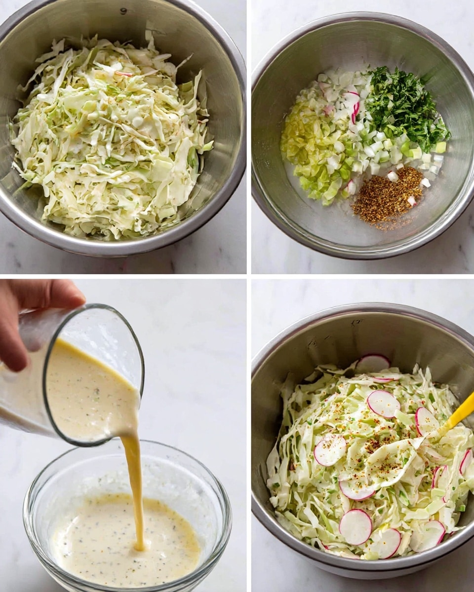 The collage shows six images of a creamy cabbage salad being made. The first image has a metal bowl filled with shredded pale green cabbage. The second image adds chopped green onions, radish pieces, and fresh herbs on top of the cabbage in the bowl. The third image shows a glass bowl with white creamy dressing mixed with yellow mustard and whole spices on a white marbled surface. The fourth image shows a woman's hand pouring the creamy dressing over the vegetables in the metal bowl. The fifth image shows the salad being mixed with a yellow spoon inside the metal bowl, blending all ingredients together. The last image shows the finished creamy cabbage salad, with visible slices of radish and herbs, served in a white dish on a white marbled background. photo taken with an iphone --ar 4:5 --v 7