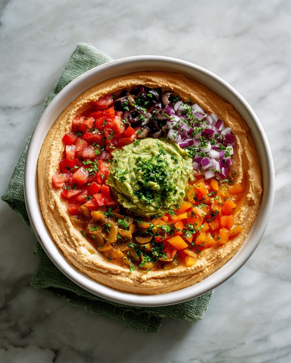A white bowl sits on a green cloth over a white marbled surface, filled with six colorful layers. The bottom layer is a smooth brown spread covering the whole base. Above it is a light tan creamy layer, also spread evenly in a circle but smaller than the bottom one. On top of that is a green mashed layer with a slightly chunky texture, placed in the center. The next layer is bright red diced tomatoes mixed with small pieces of purple onion and green herbs, piled roughly in the center. On top of the tomatoes are small cubes of orange bell peppers along with sliced black olives scattered over them. The final layer is a sprinkle of finely chopped green herbs scattered over all the colorful toppings. Photo taken with an iphone --ar 4:5 --v 7