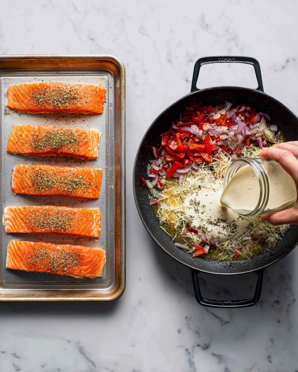 The image shows two scenes side by side on a white marbled surface. On the left, a woman’s hand is sprinkling a dry herb mix over four salmon fillets arranged in a row on a silver baking sheet; the bright orange fish is shiny and fresh, with all pieces evenly spaced and slightly angled. On the right, there is a black pan with two handles, filled with chopped red peppers, finely shredded white onions, and a creamy white sauce being poured from a clear jar into the center, with the ingredients sitting on a sizzling layer of oil and some small herbs visible throughout. The combination of rich reds, whites, and golden oil creates a colorful, textured mix. photo taken with an iphone --ar 4:5 --v 7
