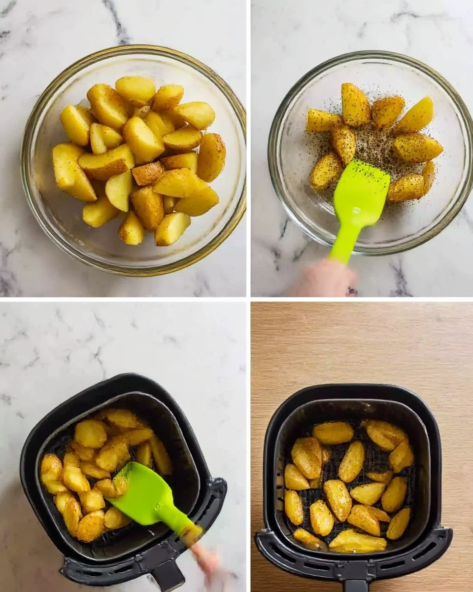 The image shows a four-step process of preparing potato wedges. The first panel has a clear glass bowl filled with plain yellow potato wedges cut into medium-sized pieces, placed on a white marbled surface. The second panel shows the same bowl with the potato wedges now sprinkled with black pepper and some herbs. In the third panel, a woman's hand is holding a bright green spatula mixing the seasoned potato wedges in the clear glass bowl. The last panel shows the potato wedges spread out inside a black air fryer basket, ready for cooking. The scene is bright with natural lighting and all photos are taken on a white marbled surface. photo taken with an iphone --ar 4:5 --v 7