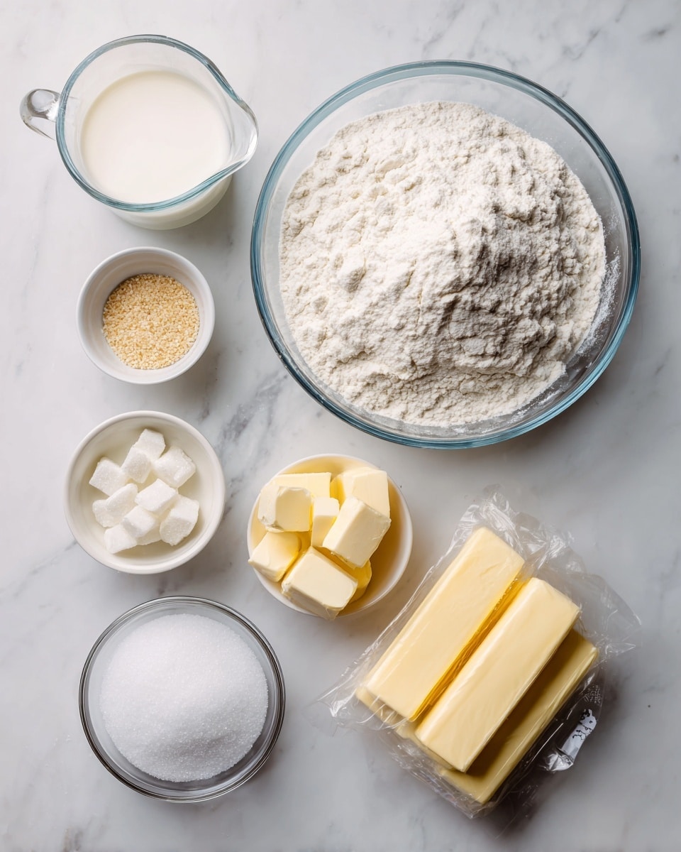 The image shows a white marbled surface with seven ingredients arranged neatly. In the center, there is a large clear glass bowl filled with a heap of white flour. At the top left, a clear glass measuring cup holds white milk. To the right of the flour, a small white bowl contains light brown yeast granules, and next to it, a small silver bowl has white salt. Below these, there are chunks of pale yellow butter stacked next to two wrapped sticks of yellow butter labeled for lamination. At the bottom left, a small clear glass bowl is filled with white sugar crystals. All ingredients have clear black text labels on white backgrounds placed on or near them. Photo taken with an iphone --ar 4:5 --v 7