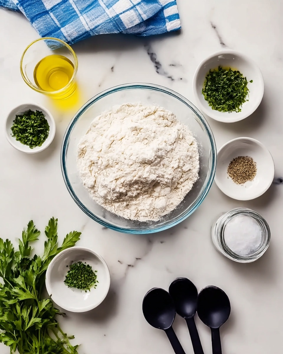 A clear glass bowl in the center holds a large pile of white flour with a soft, powdery texture. Around the bowl are smaller white bowls containing chopped green herbs, a small amount of yellow oil with black pepper, and more chopped herbs. A small glass jar of salt sits to the right, next to three black measuring spoons laid out on a white marbled surface. Fresh green parsley lies at the bottom, while a yellow liquid is in a small glass cup near the top. A blue and white checkered cloth peeks in from the left side. The photo was taken with an iphone --ar 4:5 --v 7