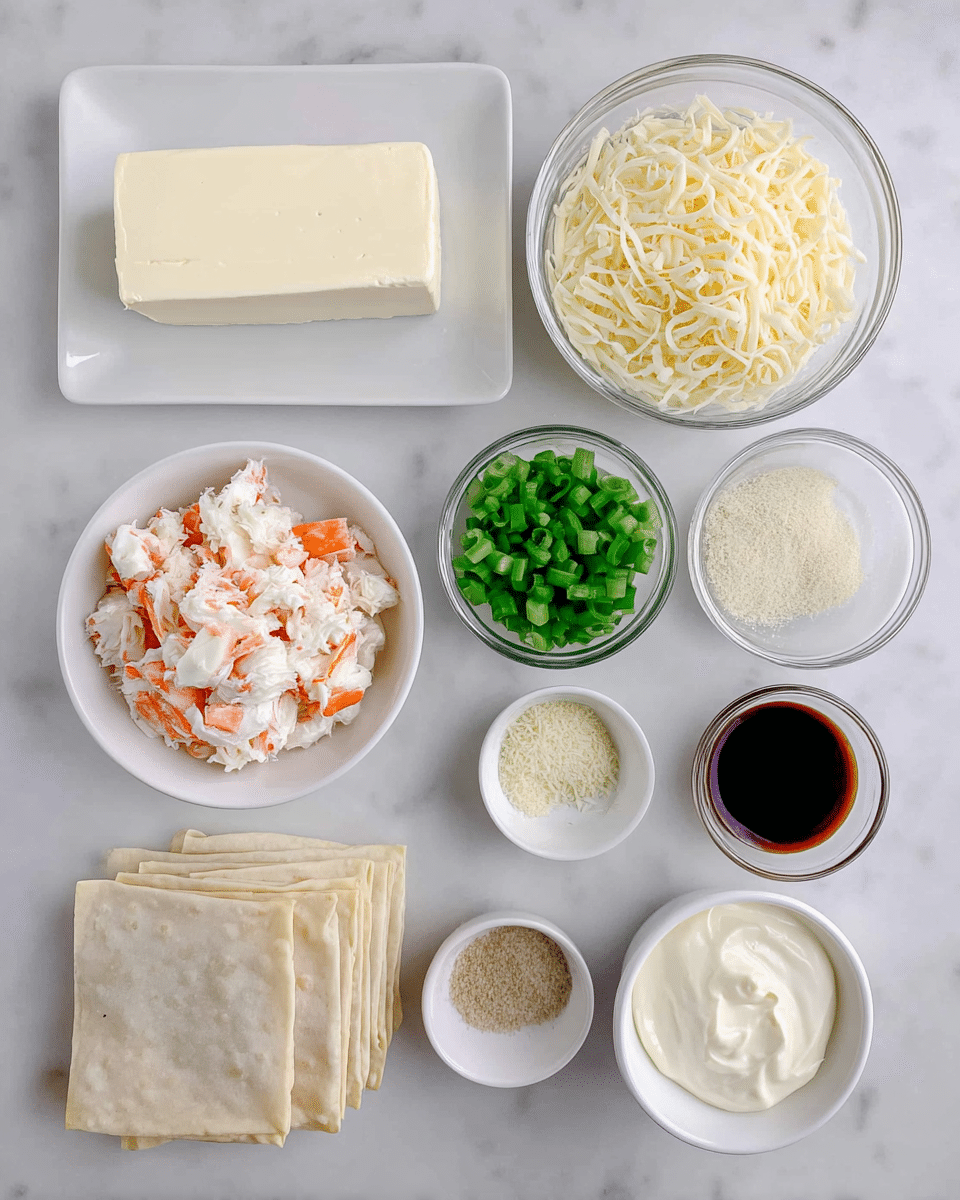 A white plate holds a large block of smooth cream cheese, positioned on the left side. Next to it, a small white bowl is filled with chopped crab meat showing white and orange pieces. To the right, a clear glass bowl contains shredded mozzarella cheese, pale yellow in color. Below, a stack of square wonton wraps lies flat on the white marbled surface, their pale texture visible. A small white bowl near the middle holds bright green chopped green onions. To the right, a white bowl contains thick, smooth sour cream. Below these, there are three small white bowls: one with dark soy sauce, one with light-colored sugar grains, and the last with minced garlic that is pale yellow. The ingredients are neatly arranged on a white marbled surface. photo taken with an iphone --ar 4:5 --v 7