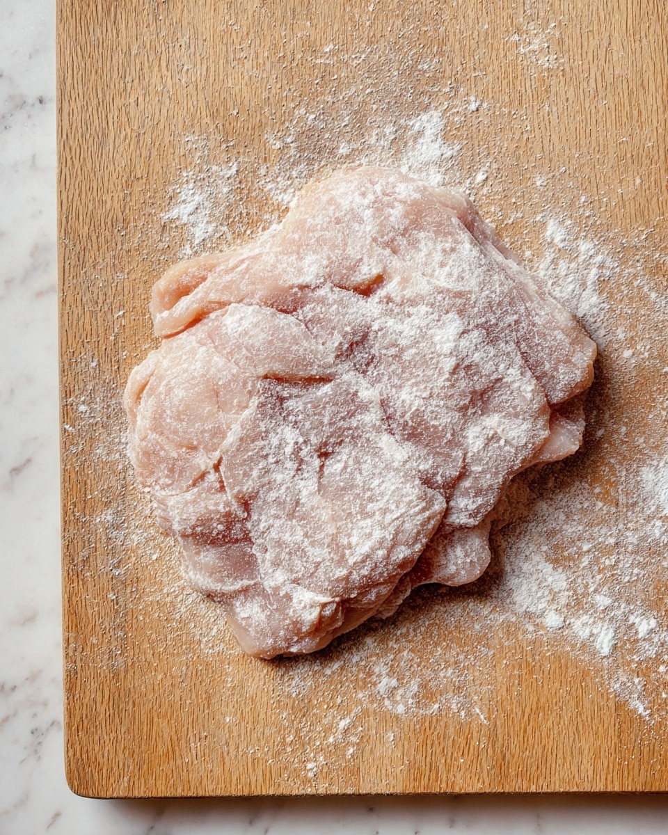 A raw piece of pale pink meat, sprinkled unevenly with white flour, lies on a wooden cutting board that has a natural grain and scattered patches of flour around the meat. The meat has some visible fat edges and a slightly coarse texture, showing natural lines and folds. The flour is lightly dusted over the surface, creating a contrast with the smooth yet uneven flesh beneath. The whole scene rests on a white marbled texture. photo taken with an iphone --ar 4:5 --v 7