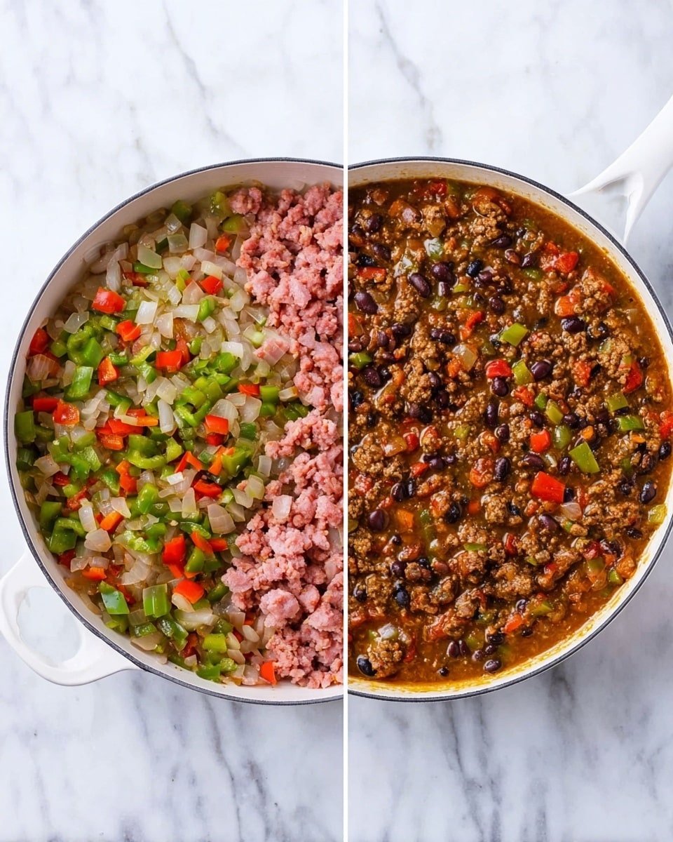 The image shows two white pans on a white marbled surface. In the left pan, there are three layers visible: a base layer of cooked diced onions that are translucent white, a layer of chopped green bell peppers and red bell peppers mixed with the onions, and chunks of raw pink ground meat placed on top on the right side. The right pan shows the same mixture after cooking, with a uniform layer of finely cooked ground meat mixed evenly with black beans, small pieces of red and green bell peppers, and a rich brown sauce coating everything, giving a thick texture. photo taken with an iphone --ar 4:5 --v 7