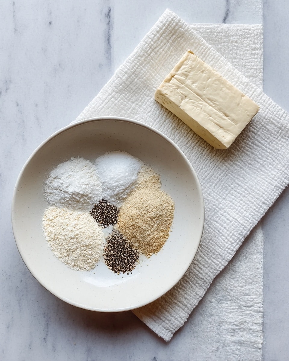 A white bowl containing five separate piles of dry ingredients arranged in a roughly circular pattern: white powder on the bottom left, off-white slightly coarse powder on the bottom right, light brown fine powder on the top right, black pepper flakes scattered on the top left, and a beige granulated powder in the center; all ingredients sit on a white marbled surface. Next to it, a block of light beige tofu rests on a folded white paper towel over a white textured cloth, set on the same white marbled surface. photo taken with an iphone --ar 4:5 --v 7