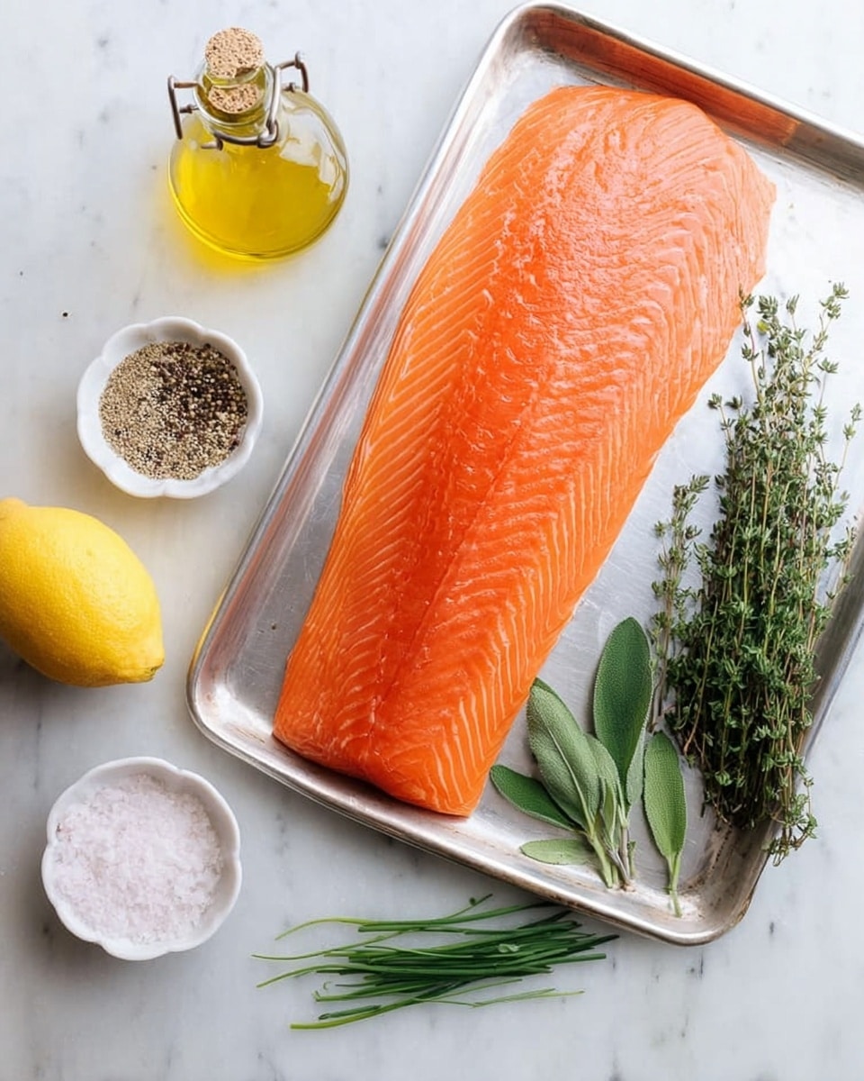 A large, bright orange raw salmon fillet lies flat on a silver metal tray to the right side of the image. To the left side, there is a small clear glass bottle of yellow olive oil with a clamp top, a small white bowl of coarse black pepper, and a small white bowl of salt. Below these, a bright yellow lemon and three types of fresh herbs with green leaves and stems—chives, thyme, and sage—are placed directly on a white marbled surface. The overall scene is clean and bright with soft lighting. photo taken with an iphone --ar 4:5 --v 7