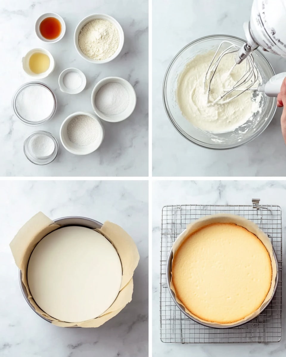 The image is divided into four sections showing the steps of making a cheesecake on a white marbled surface. The top-left section shows several white bowls and a glass bowl with ingredients like sour cream, sugar, eggs, butter, and vanilla extract, arranged neatly. The top-right section shows a clear glass bowl with smooth light cream batter being mixed by a hand mixer held by a woman's hand. The bottom-left section shows the smooth white batter poured evenly into a round springform pan that has a paper lining on the bottom. The bottom-right section shows the baked cheesecake, now a light golden color on top, cooling on a white cooling rack. photo taken with an iphone --ar 4:5 --v 7