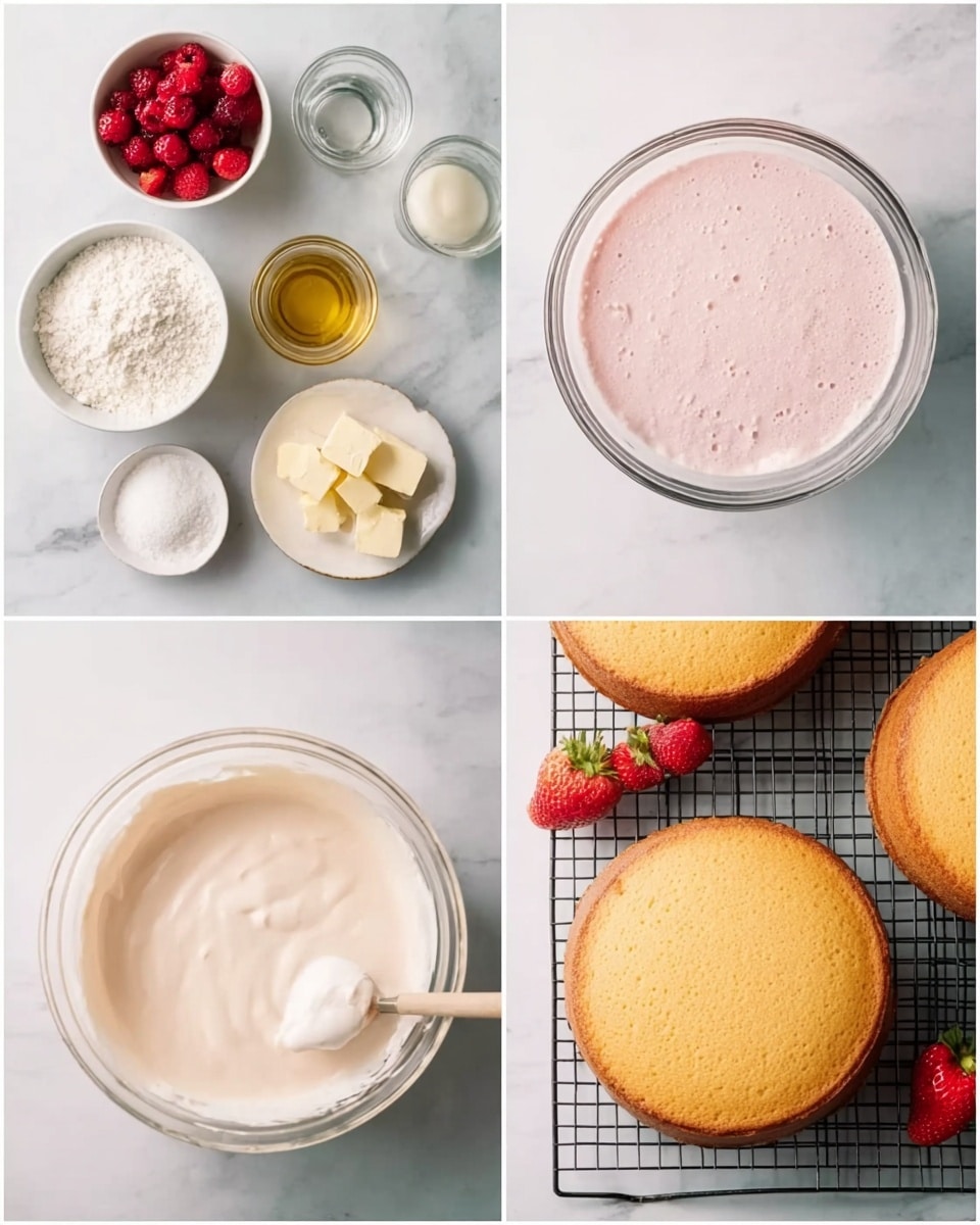 The image shows four scenes of cake preparation on a white marbled surface. The top left scene displays ingredients neatly arranged: a white bowl with red berries, glass containers with oil and liquid ingredients, a white bowl with flour, and sugar, with butter cubes on a small white plate. The top right scene shows a glass bowl filled with a light pink frothy mixture. The bottom left scene features a larger glass bowl with smooth creamy batter being stirred by a wooden spoon. The bottom right scene shows two round golden brown cakes cooling on black wire racks with a few strawberries nearby. Photo taken with an iphone --ar 4:5 --v 7