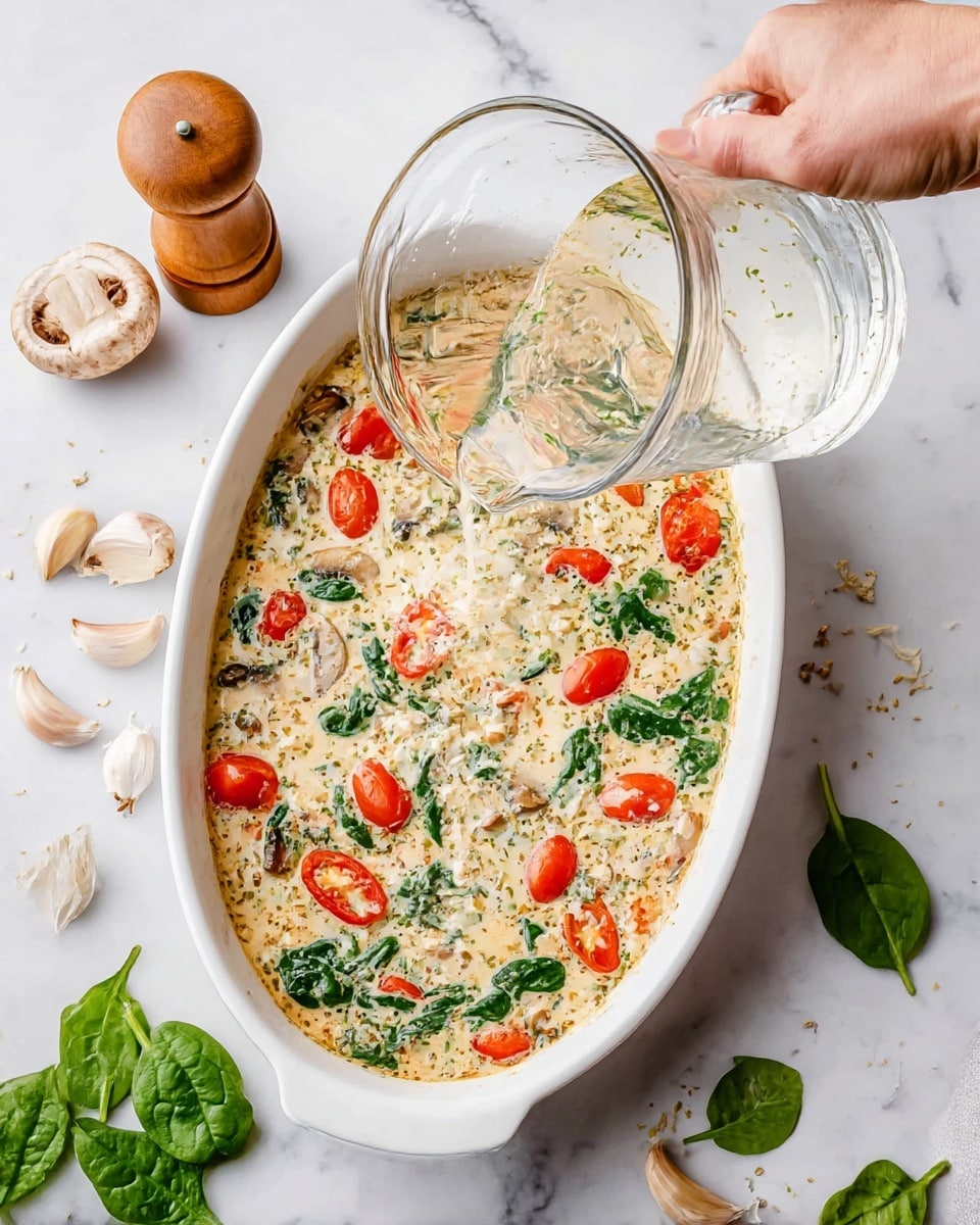 A white oval baking dish contains a creamy mixture with visible layers of chopped mushrooms, spinach leaves, and halved cherry tomatoes. The creamy sauce is light beige with specks of herbs evenly spread throughout. A woman's hand is pouring a clear liquid from a clear measuring cup onto the dish. Around the baking dish on a white marbled surface are scattered garlic cloves, a whole mushroom, a wooden pepper grinder, and fresh spinach leaves. The scene is bright and clean. photo taken with an iphone --ar 4:5 --v 7