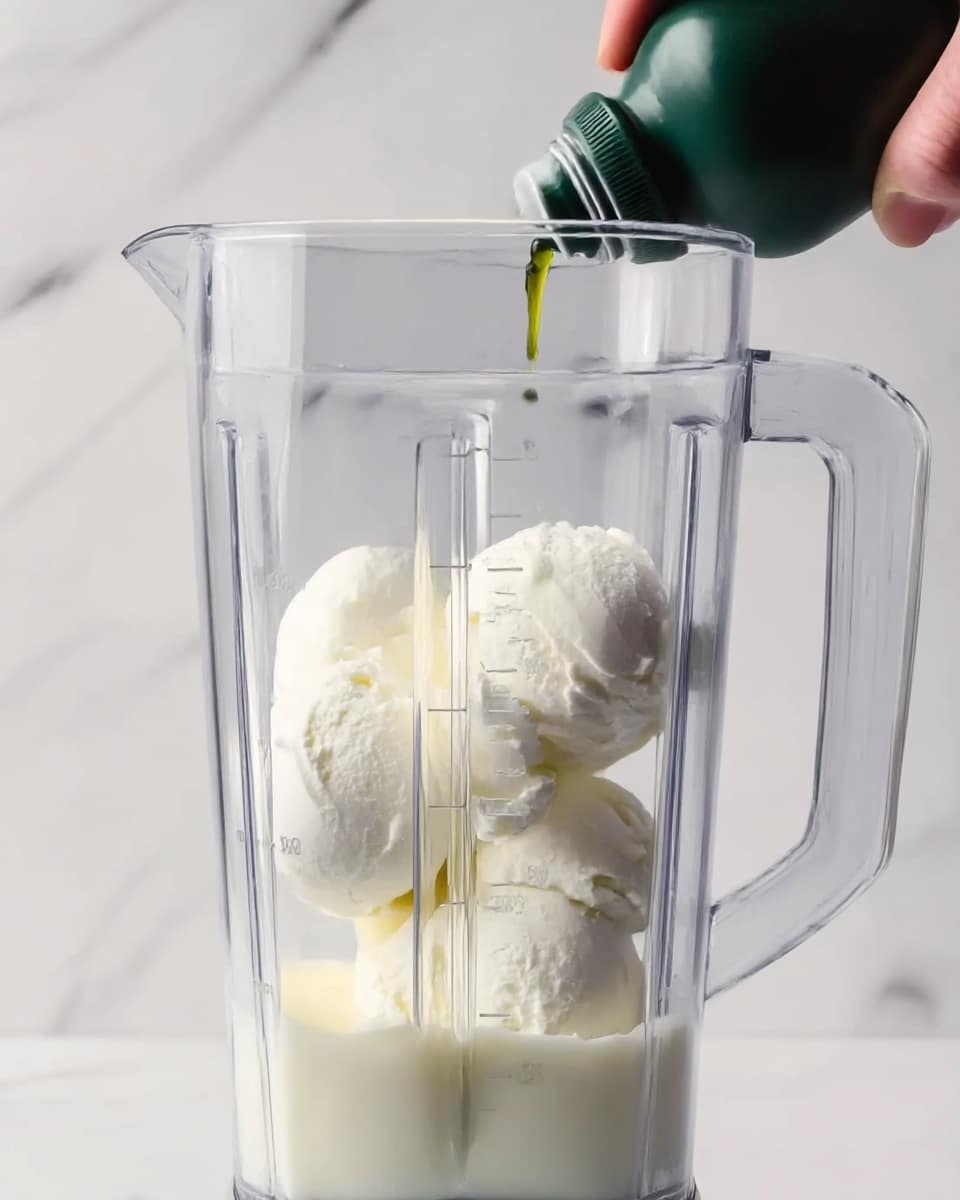 The image shows a clear blender container filled with three large scoops of white creamy substance, likely ice cream or whipped cream, sitting on a bottom layer of a pale liquid. At the top right, a woman's hand is pouring a small amount of dark green liquid from a squeeze bottle into the container. The background is a white marbled surface and the blender container has visible measurement marks on the front. Photo taken with an iphone --ar 4:5 --v 7