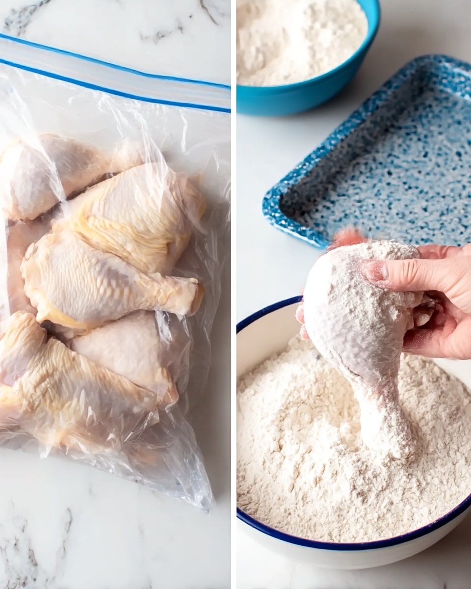 The image on the left shows raw chicken pieces in a clear plastic bag, slightly pink and pale with some light yellowish skin visible, placed on a white marbled surface. The image on the right shows a woman's hand holding a raw chicken leg coated in white flour over a white bowl with a blue rim, filled with more white flour, on the same white marbled surface. The background includes a speckled blue baking tray and a portion of another bowl filled with flour. Photo taken with an iphone --ar 4:5 --v 7