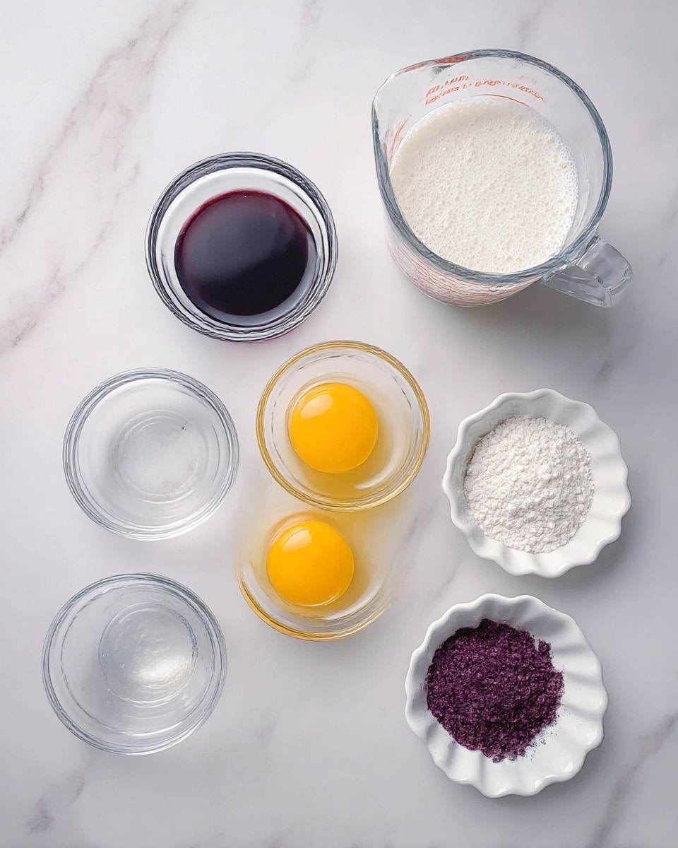 The image shows six small clear and white dishes on a white marbled surface. At the top right, there is a glass measuring cup filled with a white, slightly lumpy liquid. To its left, two small clear bowls hold a dark brown and black liquid. In the center, a clear bowl contains three bright yellow egg yolks with their glossy texture visible. Below the yolks, there is a clear bowl with a fine white powder. At the right bottom, two white scalloped dishes contain one flaky white substance and one dark purple powder. Everything is arranged neatly with space between each dish. photo taken with an iphone --ar 4:5 --v 7