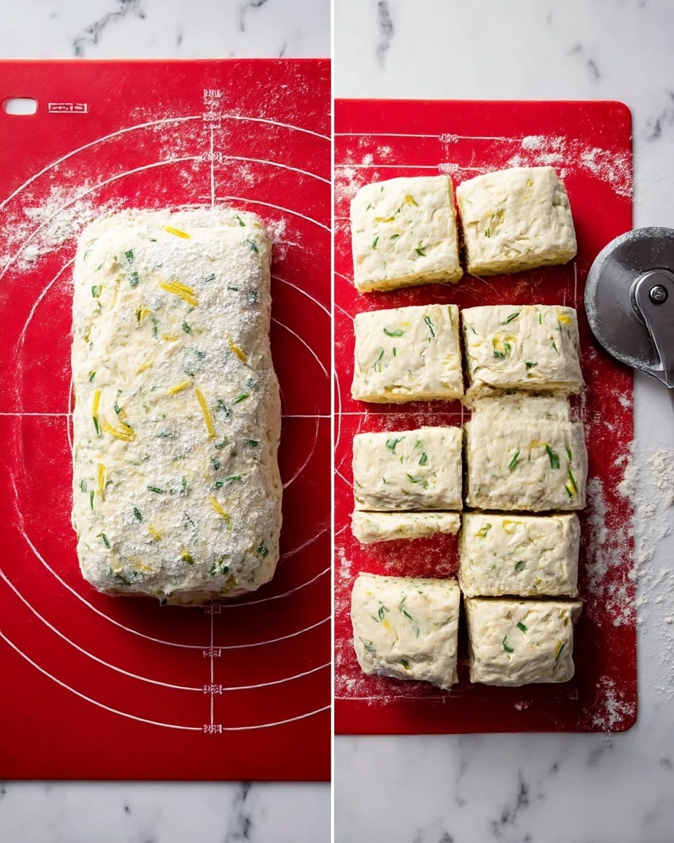 The image shows two stages of preparing dough on a white marbled surface covered with a red silicone mat with measurement circles. On the left side, there is a rectangular block of dough mixed with green herbs and small yellow bits, lightly dusted with flour. On the right side, the same dough is cut into twelve smaller, roughly square pieces arranged in three columns and four rows, with a pizza cutter visible at the top right corner. There is some flour scattered around the dough pieces and on the mat. photo taken with an iphone --ar 4:5 --v 7
