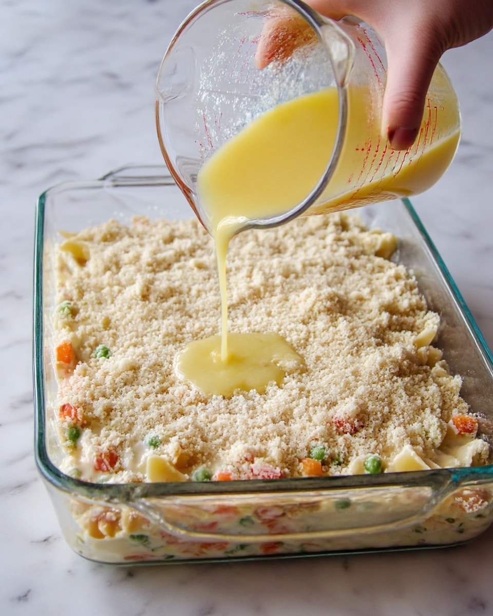 The image shows a rectangular clear glass baking dish filled with a layered casserole. The base layer consists of a creamy mixture with small pieces of colorful vegetables like green peas and orange carrots, partially visible under a thick layer of light beige breadcrumbs covering the top. A woman's hand is pouring melted yellow butter from a clear measuring cup onto the breadcrumb layer in the middle of the dish. The setting is on a white marbled surface. Photo taken with an iphone --ar 4:5 --v 7