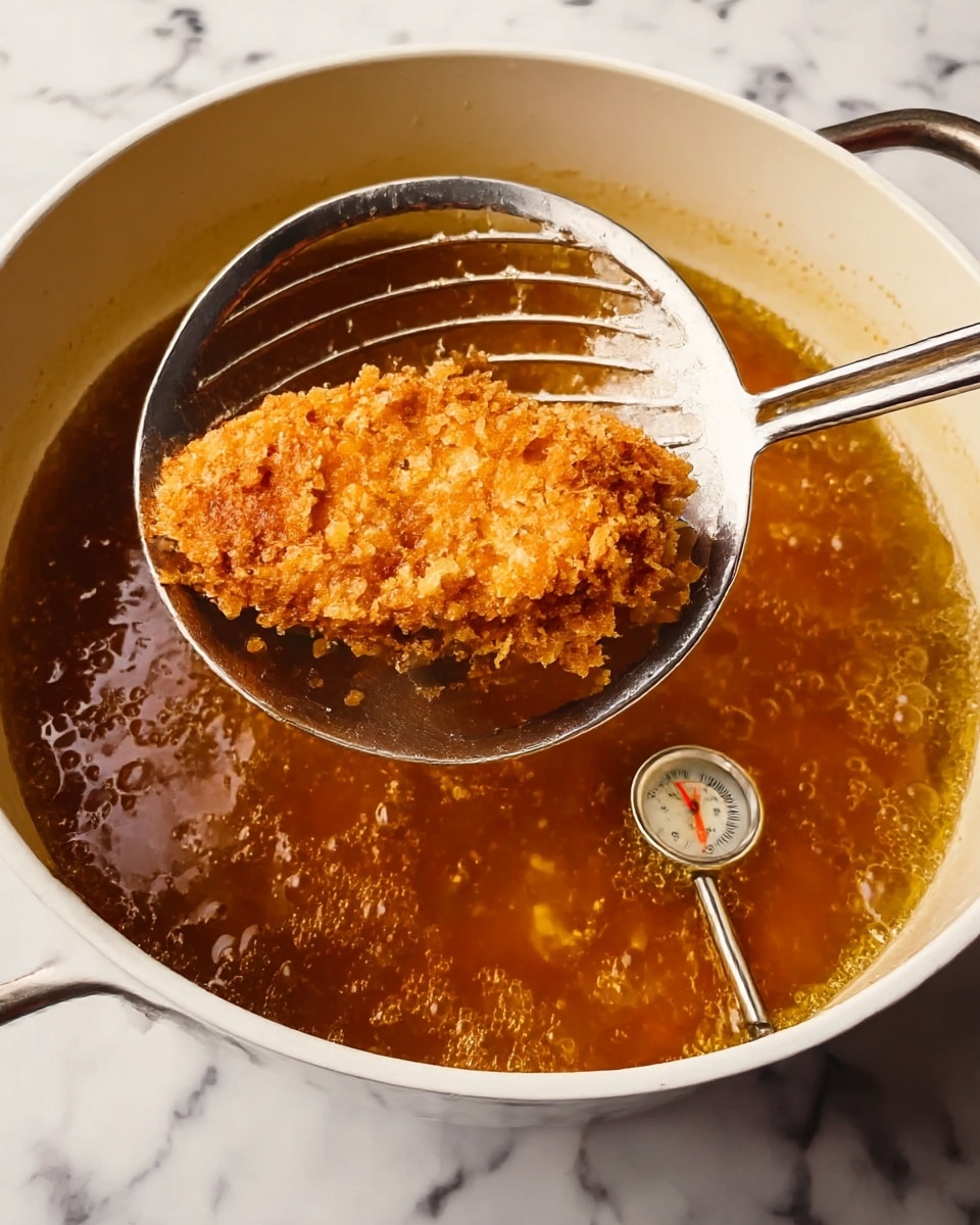 A golden brown fried piece of food with a rough, crunchy texture is being held on a large, round slotted metal spatula above a white pot filled with bubbling, amber-colored oil. A metal thermometer is placed inside the pot with the oil boiling actively, and the background surface has a white marbled texture. photo taken with an iphone --ar 4:5 --v 7