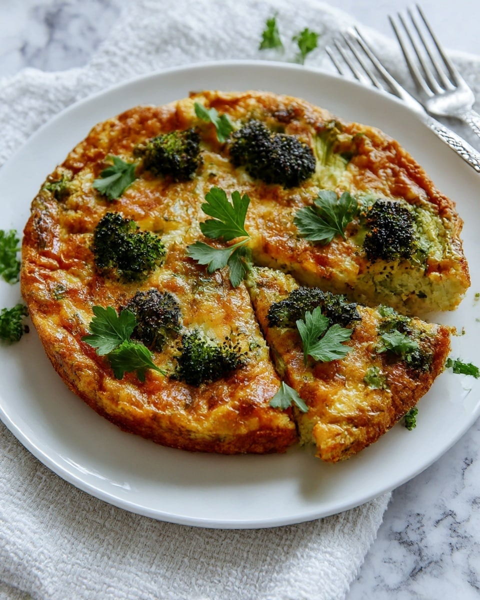A round broccoli and cheese frittata with a golden-brown top layer that shows dark green broccoli florets scattered evenly across the surface, garnished with bright green parsley leaves. The frittata sits on a white plate atop a textured white cloth on a white marbled surface. Two silver forks with patterned handles rest nearby. The edges of the frittata have a slightly crispy and browned look, creating a textured crust around the soft, bubbly interior. photo taken with an iphone --ar 4:5 --v 7