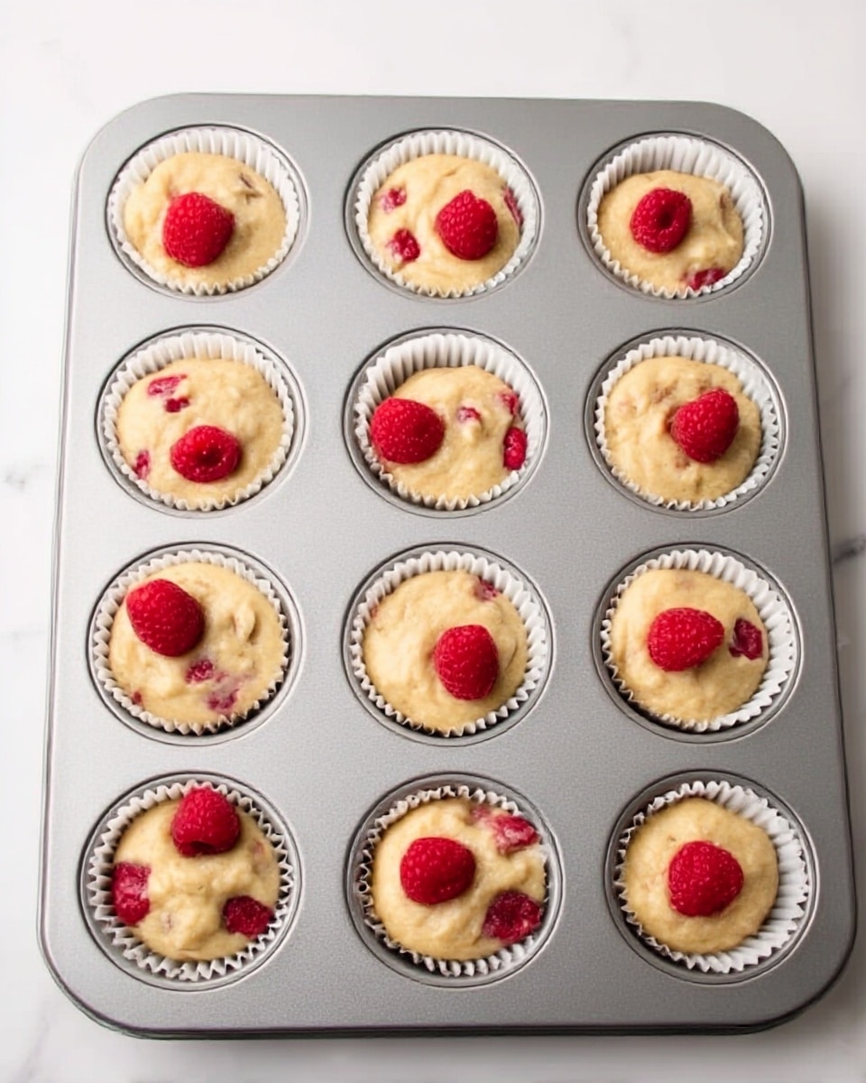 A metal muffin tray holds twelve cupcake spaces, each filled with light beige batter mixed with visible pieces of red raspberries. Each cupcake liner is white and fluted, fitting snugly inside the tray. The raspberry pieces are scattered through the batter, with some whole raspberries placed on top of each cupcake. The tray sits on a white marbled surface with soft, natural lighting highlighting the texture of the batter and the brightness of the raspberries. photo taken with an iphone --ar 4:5 --v 7