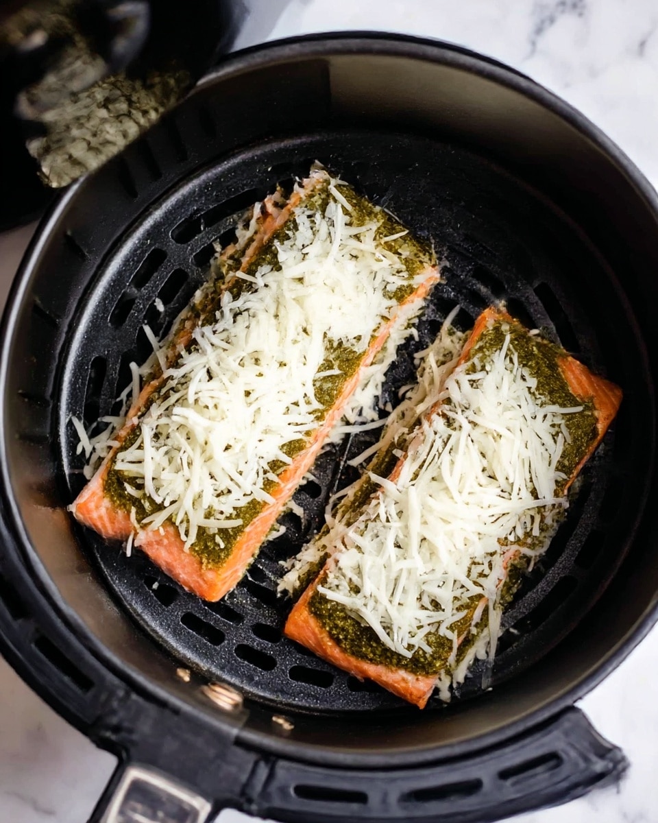 Two pieces of salmon fillet are placed inside a black air fryer basket. Each fillet has three layers: the bottom layer is the pinkish-orange salmon, the middle layer is a green sauce spread evenly on top, and the top layer is a white shredded cheese sprinkled generously over the sauce. The air fryer basket has a round shape with black grill lines beneath the salmon pieces. The photo is taken from above with a partial view of the air fryer lid. The background surface visible around the fryer is white marbled texture. photo taken with an iphone --ar 4:5 --v 7