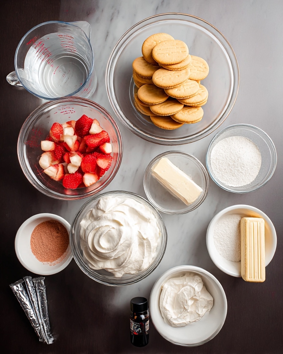 The image shows several clear glass bowls and white bowls arranged on a white marbled surface. The largest glass bowl in the center contains whole golden sandwich cookies stacked neatly. Above it, a glass bowl is filled with bright red and white fresh strawberry pieces. Below the cookie bowl, another glass bowl holds a soft, white whipped cream-like texture with smooth peaks. To the left is a small white bowl filled with a powder mixed with a reddish color, and above it is a clear measuring cup with water. To the right of the cookie bowl, a white bowl has fine white powder, and above it is a butter stick wrapped in paper. Next to the butter is a small black bottle with a red cap. Two silver foil-wrapped sticks rest side by side near the bottom left. The setting is neat, all the bowls and items well spaced on the surface. Photo taken with an iphone --ar 4:5 --v 7