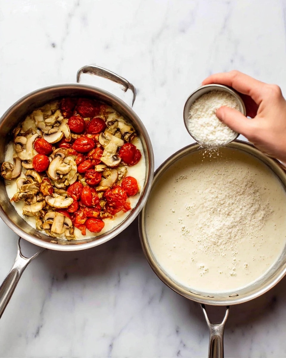 The image shows two stainless steel pans placed on a white marbled surface. The left pan contains cooked mushrooms and cherry tomatoes, both cut into small pieces, with a layer of sauce coating them; the mushrooms are light brown and curved, the tomatoes are red and shiny. The right pan holds a creamy white sauce with a smooth texture, and a woman's hand is sprinkling a white powdery ingredient into the sauce. Photo taken with an iphone --ar 4:5 --v 7
