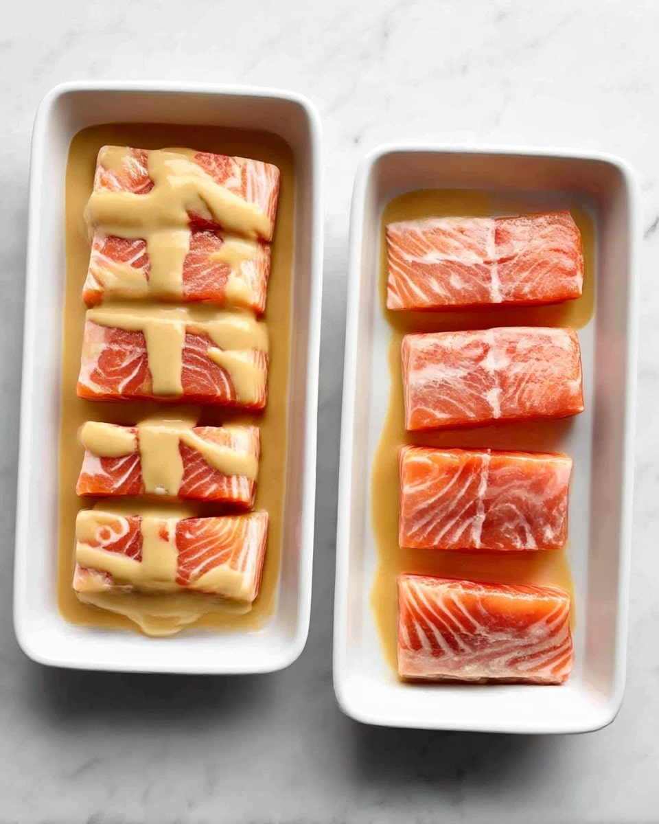 The image shows two white rectangular dishes on a white marbled surface. Each dish contains four raw salmon fillets, arranged in a single layer, lying side by side lengthwise. The salmon fillets have a bright pink-orange color with visible white marbling lines. In the dish on the left, the salmon fillets are topped with a thick beige sauce spread in horizontal stripes across each piece, with some sauce spilling over the edges. The dish on the right holds salmon fillets without any sauce on top, but a thin layer of sauce is visible under them. photo taken with an iphone --ar 4:5 --v 7