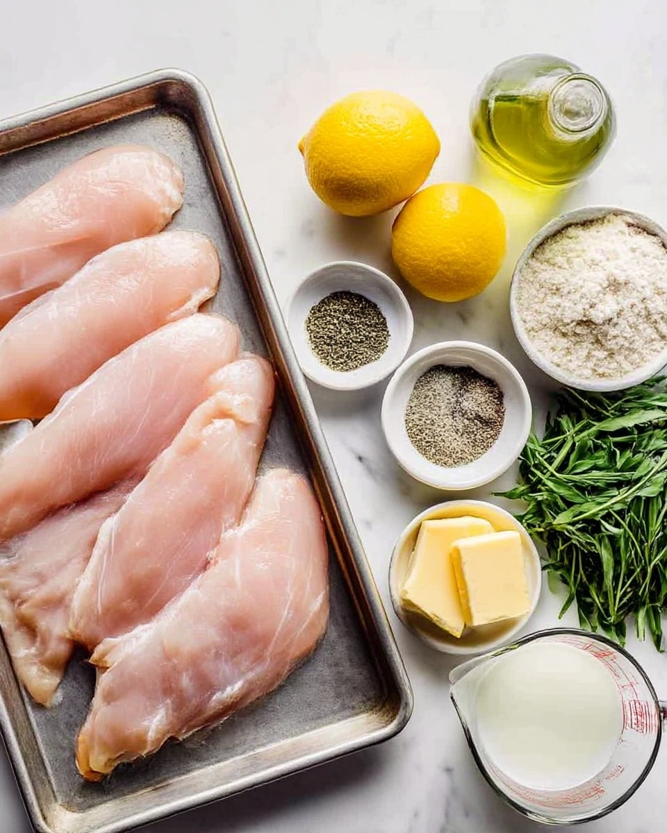 The image shows four pieces of raw pinkish chicken fillets arranged in a row on a metal tray on the left side. On the right side, a white marbled surface holds various ingredients: two yellow lemons, one whole and two halves; a small white bowl with pale flour; another small white bowl with ground black pepper; a bunch of fresh green herbs; two slices of pale yellow butter on a small white bowl; a bottle with light green oil; and a clear measuring cup filled with white liquid. The scene is clean and bright. photo taken with an iphone --ar 4:5 --v 7