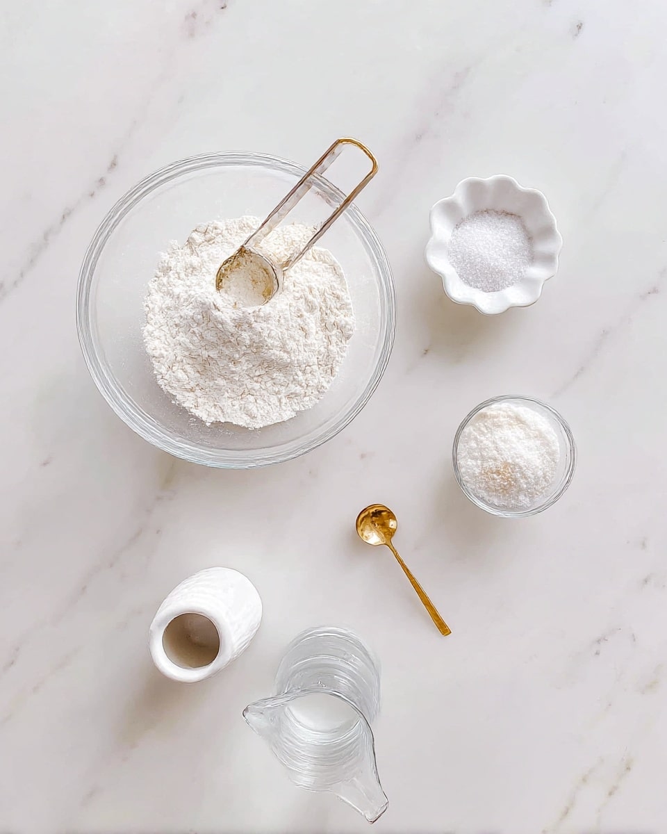 A top-down view of baking ingredients arranged on a surface with white marbled texture. There is a large clear glass bowl filled with white flour and a gold and silver measuring scoop resting inside, positioned near the top left. To the right, a small white scalloped dish holds white granulated sugar. Below the flour bowl, a small white ceramic container with a shiny gold spoon inside contains a white powder, likely salt. To the right of that, a small clear glass bowl has light brown yeast granules. At the bottom center, a clear glass measuring jug contains water. The composition is clean and spaced out, with soft natural lighting. Photo taken with an iphone --ar 4:5 --v 7