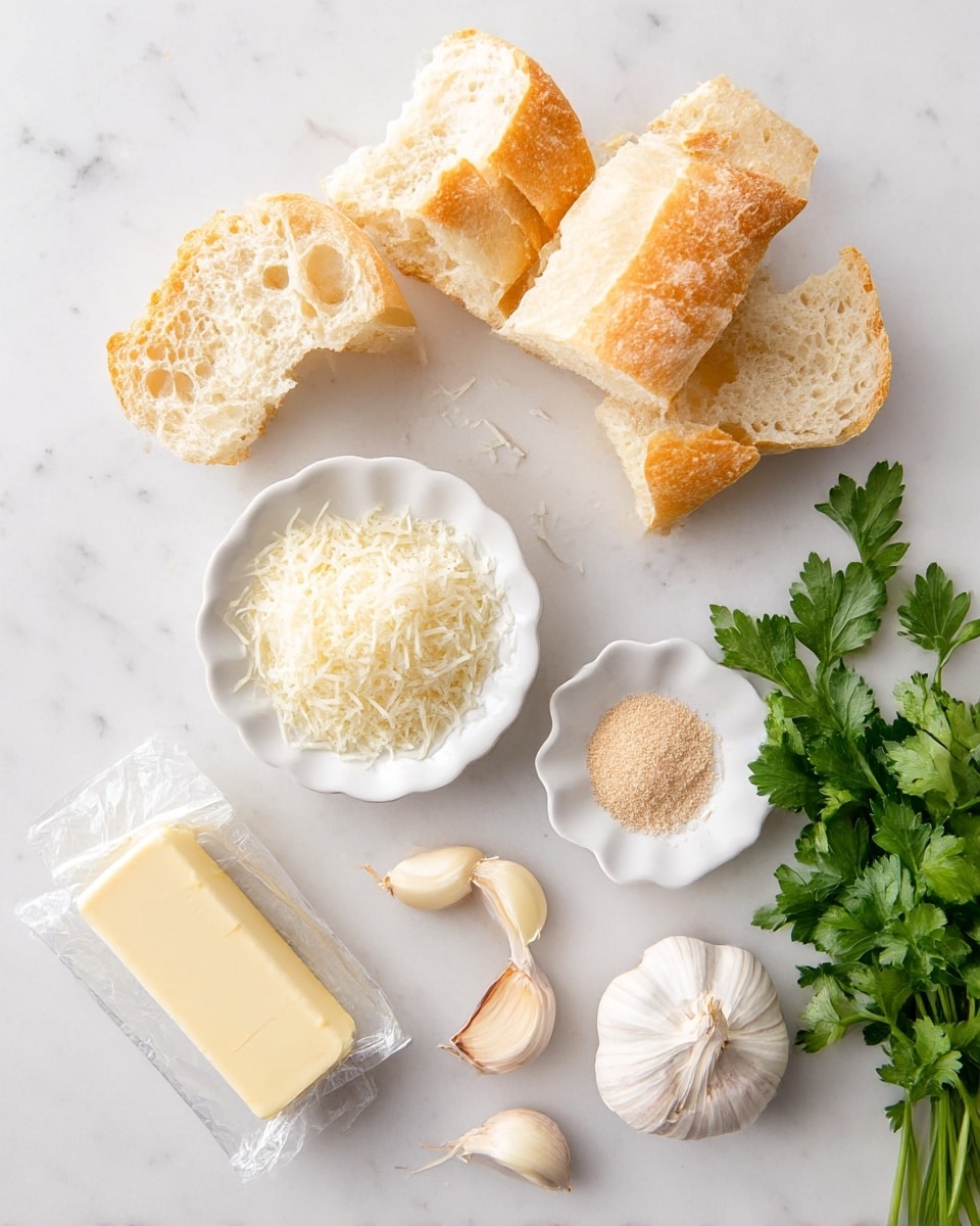 The image shows several pieces of torn bread with a light golden crust and soft, airy inside placed on a white marbled surface in the top area. Below the bread, there is a small white bowl filled with finely grated cheese, and next to it is a small, white, scalloped dish containing a light brown powder. Towards the bottom left, there is a wrapped stick of pale yellow butter. Nearby are a whole garlic bulb and three peeled garlic cloves scattered closely together. In the bottom right corner, there is a bunch of fresh green parsley with crisp leaves. The photo taken with an iphone --ar 4:5 --v 7