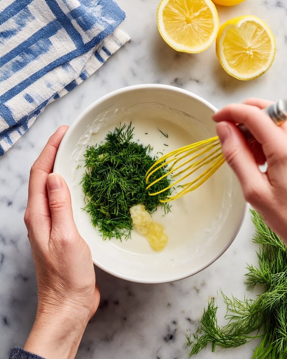A woman’s hand holds a white bowl filled with a creamy white mixture. On top, there is a pile of chopped green dill and a small dollop of pale yellow mustard. Another woman’s hand holds a small yellow whisk inside the bowl, ready to stir the ingredients together. The bowl is placed on a white marbled surface, next to a blue and white striped cloth and two lemon halves. Fresh green dill sprigs lie to the right on the marble background. photo taken with an iphone --ar 4:5 --v 7