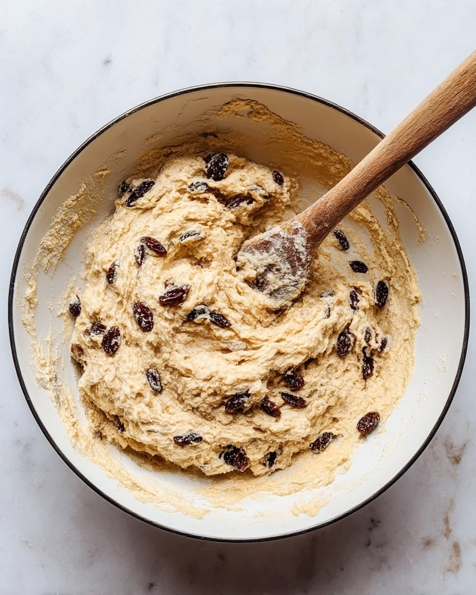 A white bowl with a thin black rim holds thick, pale tan dough mixed with dark brown raisins scattered throughout. A wooden spoon rests inside the bowl, partially covered in the dough, showing a textured and creamy mixture. The bowl sits on a white marbled surface. photo taken with an iphone --ar 4:5 --v 7