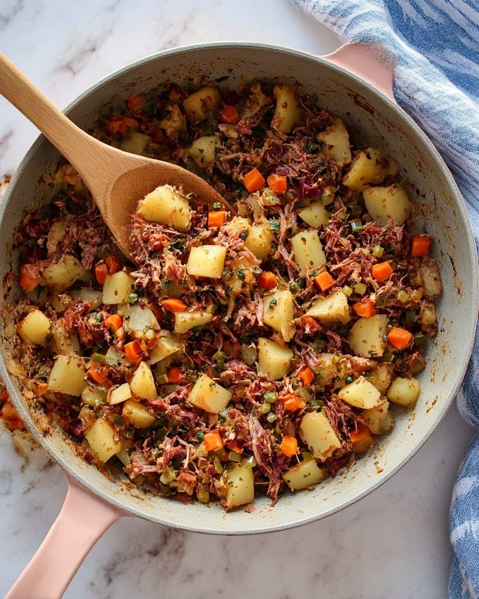 A skillet filled with cooked diced potatoes, shredded meat with a reddish color, small pieces of orange carrots, and green vegetables mixed together. The potatoes are soft and golden, with some slightly browned edges, while the shredded meat is fibrous and spread evenly among the vegetables. A wooden spoon is resting inside the skillet, scooping some of the food, and the skillet has a light gray inside with a soft pink handle. The surface under the skillet is a white marbled texture, with a folded blue and white striped cloth partially visible to the side. photo taken with an iphone --ar 4:5 --v 7