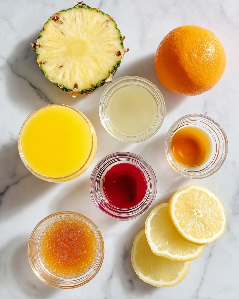 The image shows six small glass and white bowls on a white marbled surface. The first small glass bowl holds bright yellow-orange orange juice. Above it is a slice of fresh pineapple with a green and brown edge and pale yellow flesh. Next to orange juice, a small glass bowl contains pale yellow lemon juice. Above and to the right, a whole orange sits on the surface. To the right of lemon juice, a small white bowl contains bright red grenadine syrup. Below lemon juice, another small glass bowl holds light yellow pineapple juice. Below and slightly to the right, a small white bowl holds amber-orange Angostura bitters. To the right of bitters, three thin slices of lemon show pale yellow flesh and white rind. Below the orange juice bowl, a small glass bowl contains bubbly ginger ale with a light amber color. Photo taken with an iphone --ar 4:5 --v 7