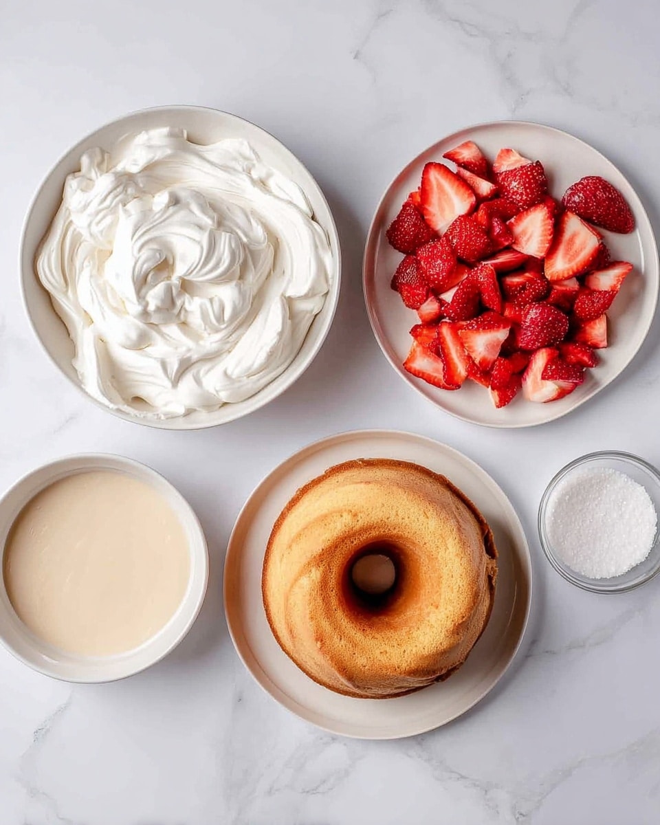 The image shows five white dishes placed on a white marbled surface from above. On the top left, there is a white bowl filled with swirled white whipped cream, showing a light and fluffy texture. Directly below it is a white plate with a creamy, beige layer of smooth custard or pudding. In the center is a white plate with a golden brown bundt cake, with a visible lighter spot in the middle. On the top right, a white plate is heaped with sliced fresh red strawberries, creating a bright and juicy contrast. At the bottom right, a small white bowl contains white granulated sugar. The overall arrangement is neat and all the bowls and plates are white, with the food showing various textures and colors. Photo taken with an iphone --ar 4:5 --v 7