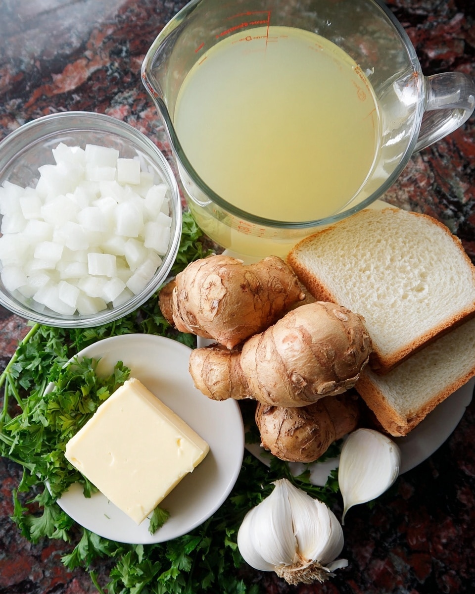 A clear glass measuring cup filled with pale yellow broth is tilted above a pile of light brown Jerusalem artichokes with rough skin at the center. To the left, there is a white bowl filled with diced white onions. On the right side, a white plate holds one slice of white bread and a square piece of pale yellow butter on top, resting on green leafy parsley spread underneath. Two white garlic cloves lie near the Jerusalem artichokes. Everything is set on a white marbled surface. photo taken with an iphone --ar 4:5 --v 7