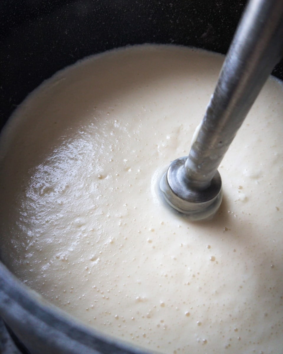 The image shows a close-up of a pot filled with a thick, creamy, off-white liquid being blended by a metal immersion blender. The surface of the liquid is smooth with small bubbles, indicating it is being mixed or pureed. The pot has a dark interior and the texture of the mixture looks soft and thick. Photo taken with an iphone --ar 4:5 --v 7