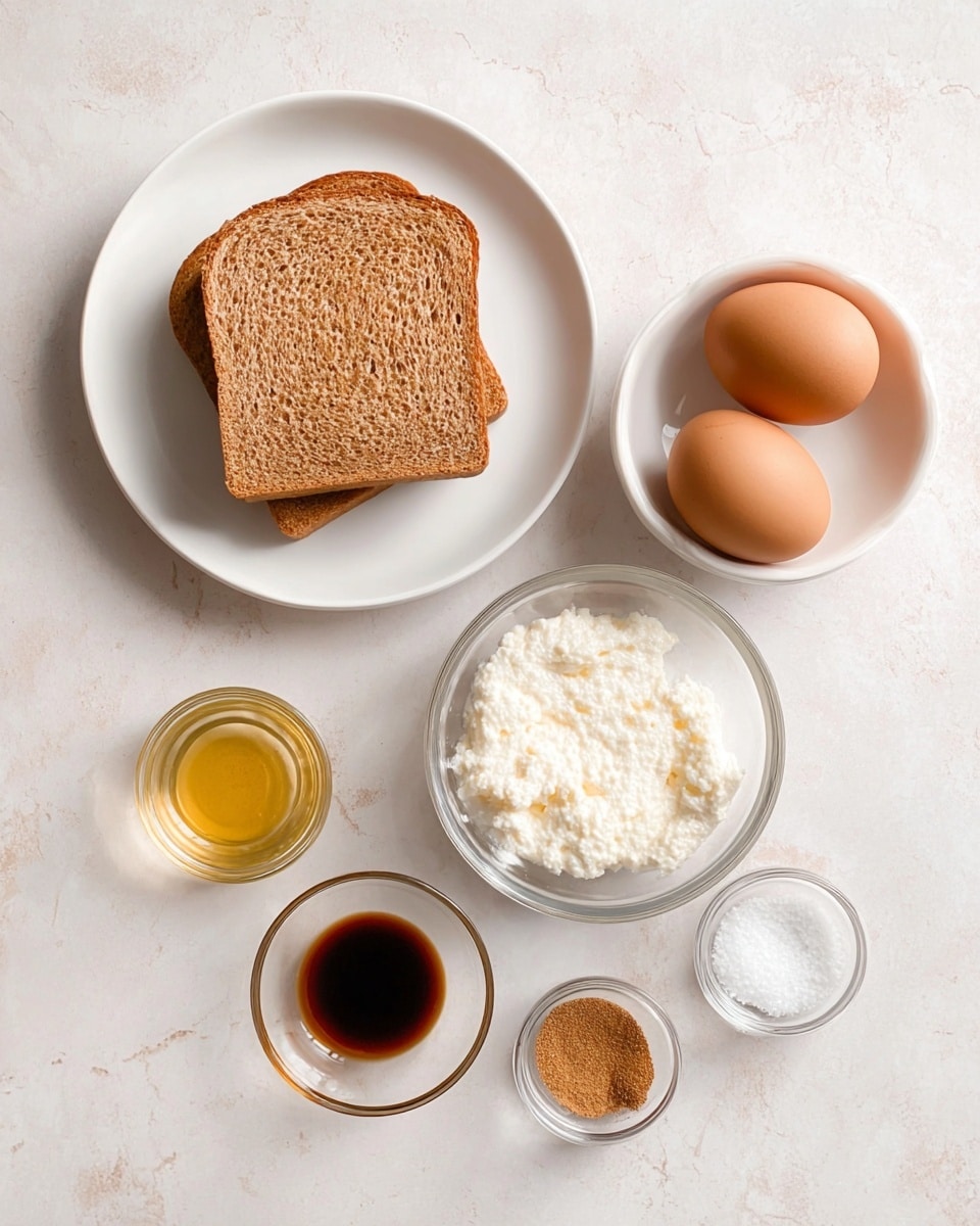 The image shows simple baking ingredients laid out on a white marbled surface. There are two slices of brown bread stacked slightly on a white round plate on the left. On the right, there is a white bowl with two brown eggs. Above the eggs, a clear glass bowl holds a white, creamy cottage cheese-like texture. Below and around these are three small clear glass bowls: one with a light golden liquid, one with dark brown liquid, and one with a small pile of cinnamon and a pinch of salt. The arrangement is neat and minimal. Photo taken with an iphone --ar 4:5 --v 7
