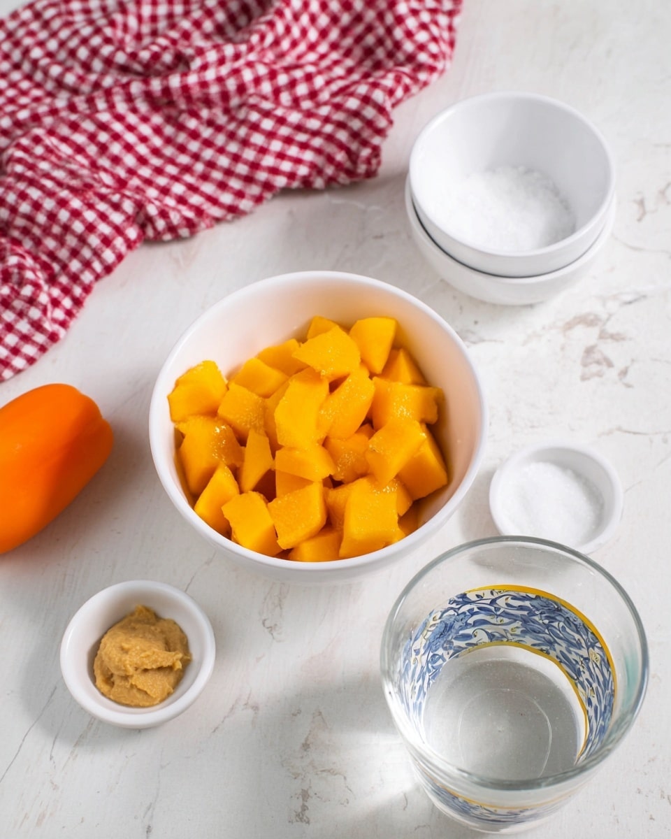 The image shows a white bowl filled with bright orange diced mangoes placed in the center on a white marbled surface. Surrounding it are small white bowls with neat shapes, one containing a whole orange pepper, another holding a small dollop of a beige paste, and a third filled with white granulated sugar with blue and yellow trim on the rim. There is also a clear glass filled with water near the bottom right corner. A red and white checkered cloth is casually placed in the upper left corner. The bright colors of the ingredients contrast softly against the clean white background. photo taken with an iphone --ar 4:5 --v 7