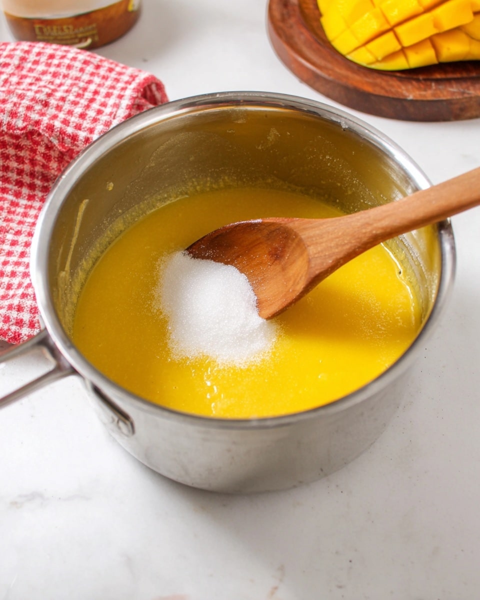 The image shows a shiny silver pot with a yellow mixture inside that looks smooth and slightly thick. On top of the yellow mixture, there is a small pile of white granulated sugar. A wooden spoon with a curved edge is partially dipped into the mixture, resting inside the pot near the sugar. The pot sits on a white marbled surface, and in the background, there is a blurry piece of mango on a brown wooden board. A red and white checkered cloth is slightly visible in the top left corner. Photo taken with an iphone --ar 4:5 --v 7