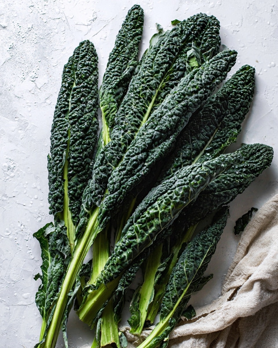 A bunch of dark green kale leaves with a bumpy texture are spread out over a white marbled surface. The leaves have thick, light green stems and some show water droplets on them. On the right side, a soft beige cloth is partly visible, slightly folded and resting underneath some kale stems. The scene looks fresh and natural, with the kale leaves taking up most of the image space. photo taken with an iphone --ar 4:5 --v 7